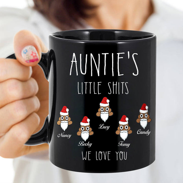 Personalized Coffee Mug Auntie's Little Shits Funny Shit With Santa Hat & Beard We Love You Custom Kids Name 11Oz 15Oz