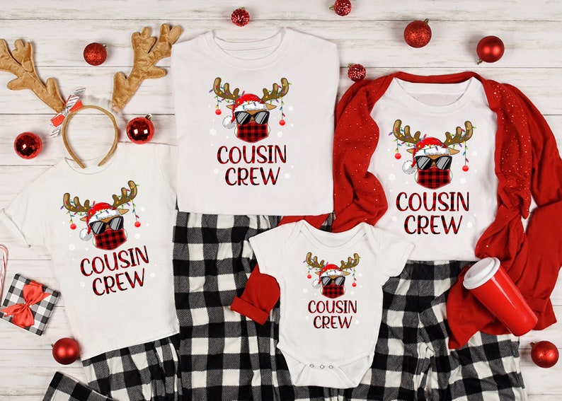 Christmas Family Matching Shirt Cousin Crew Funny Reindeer Wearing Face Mask Xmas Light Printed Family Matching Pajamas