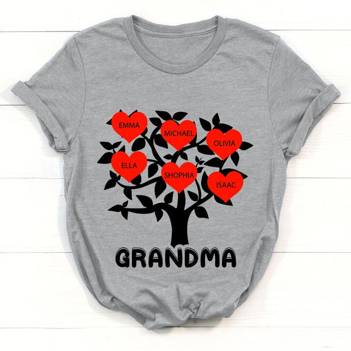 Personalized T-Shirt For Grandma Heart Cute Tree Printed Custom Grandkids Name Shirt For Mother's Day