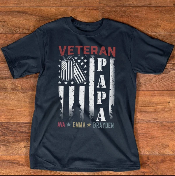 Personalized T-Shirt For Grandpa Veteran Papa American Flag With Dog Tag Printed Custom Grandkids Name