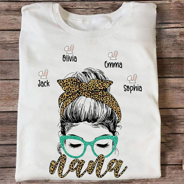 Personalized T-Shirt For Grandma Messy Bun Hair Nana & Cute Bunny Printed Custom Grandkids Name Easter Day Shirt