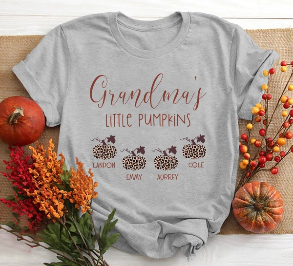 Personalized T-Shirt Grandma's Little Pumpkin Leopard Pumpkin Custom Grandkids Name Shirt For Halloween