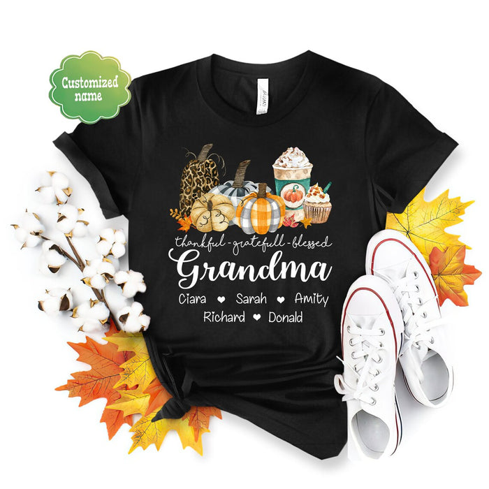Personalized T-Shirt For Grandma Thankful Grateful Blessed Plaid Leopard Pumpkin Printed Custom Grandkid's Name