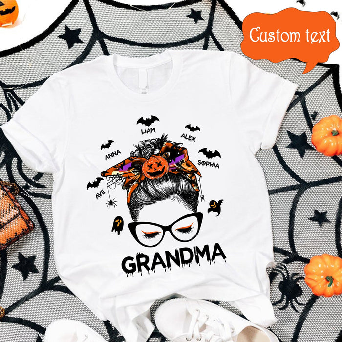 Personalized T-Shirt For Grandma Messy Bun Hair With Pumpkin Bat Spider Printed Custom Grandkid's Name Halloween Shirt