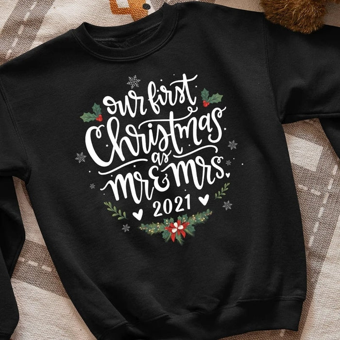Personalized Sweatshirt & Hoodie For Couples Our First Christmas As Mr & Mrs 2021 Print Snowflakes Shirt