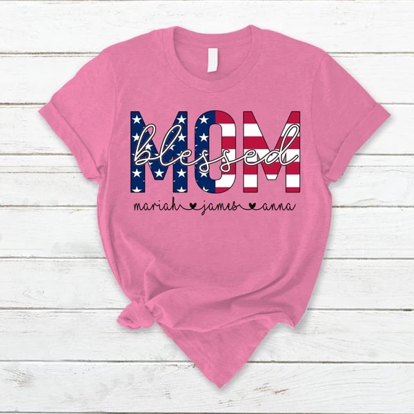 Personalized T-Shirt Mom Blessed US Flag Art Printed Red White Blue Shirt Monogram Design Custom Grandkids Name