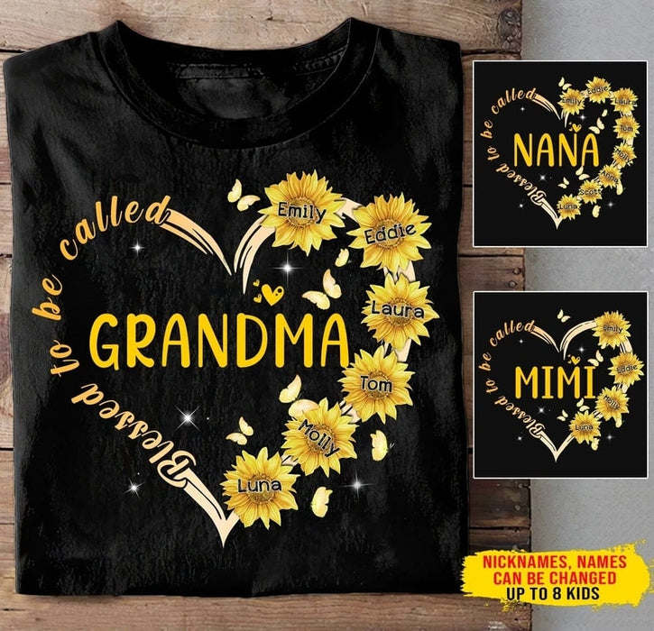 Personalized T-Shirt Blessed To Be Call Grandma Sunflower Heart With Butterfly Printed Custom Grandkids Name