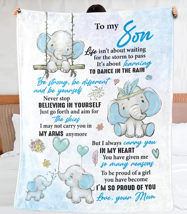 Personalized To My Son Blanket From Mom Cute Baby Elephant & Flower Printed I'M So Proud Of You Blue Premium Blanket