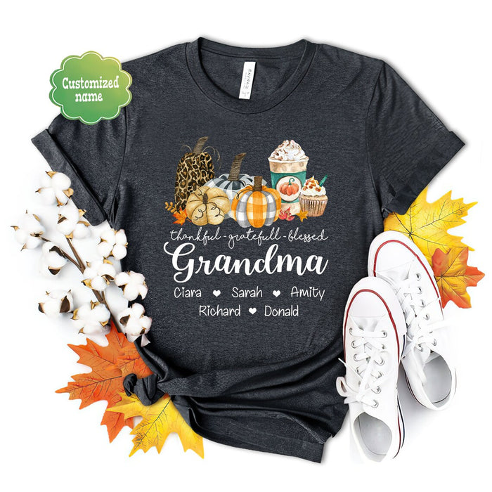 Personalized T-Shirt For Grandma Thankful Grateful Blessed Plaid Leopard Pumpkin Printed Custom Grandkid's Name