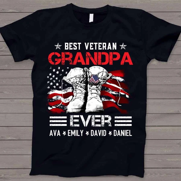 Personalized T-Shirt For Grandpa Best Grandpa Ever Military Shoes US Flag Printed Custom Grandkid's Name Patriotic Shirt