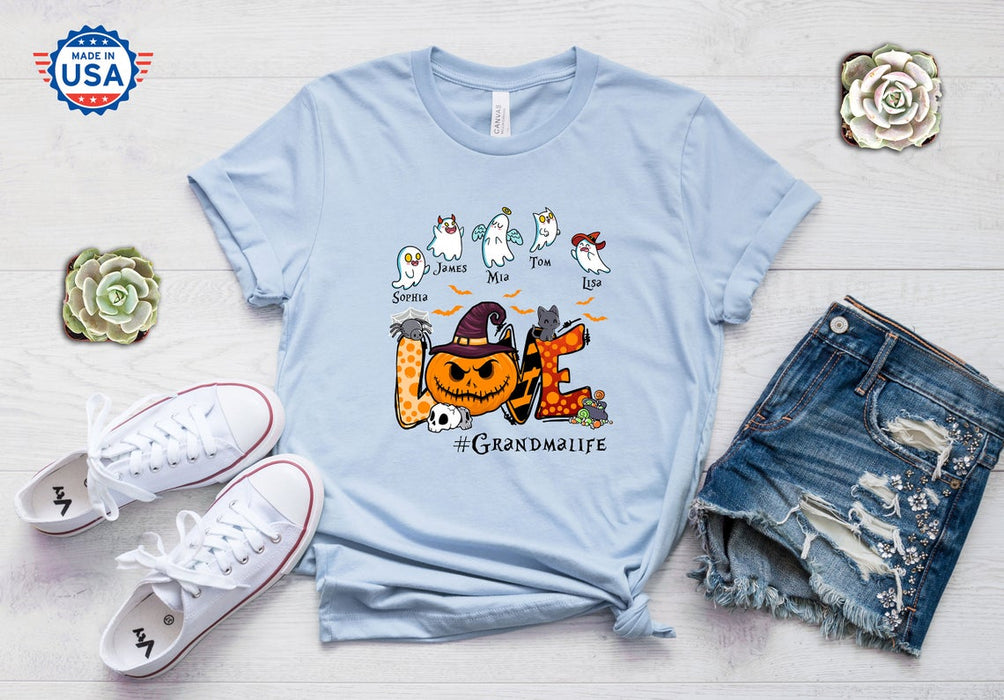 Personalized T-Shirt For Grandma Love Hashtag Grandma Life Pumpkin & Cute Ghost Custom Grandkids Name Halloween Shirt