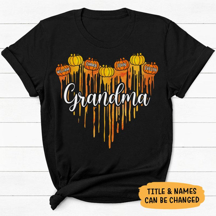 Personalized T-Shirt For Grandma Pumpkin Dripping Heart Orange Yellow Design Custom Grandkids  Fall Shirt