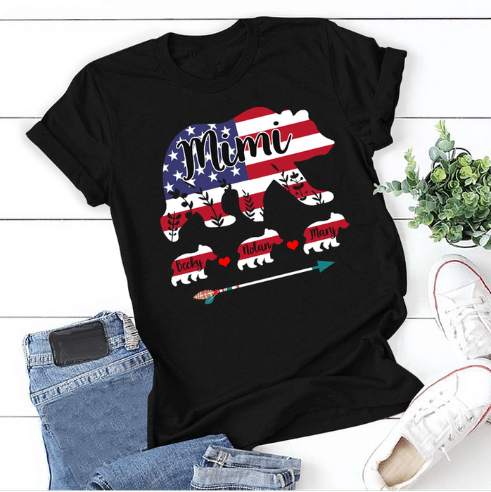 Personalized T-Shirt For Grandma Mimi Cute Bear American Flag & Arrow Printed Custom Grandkids Name