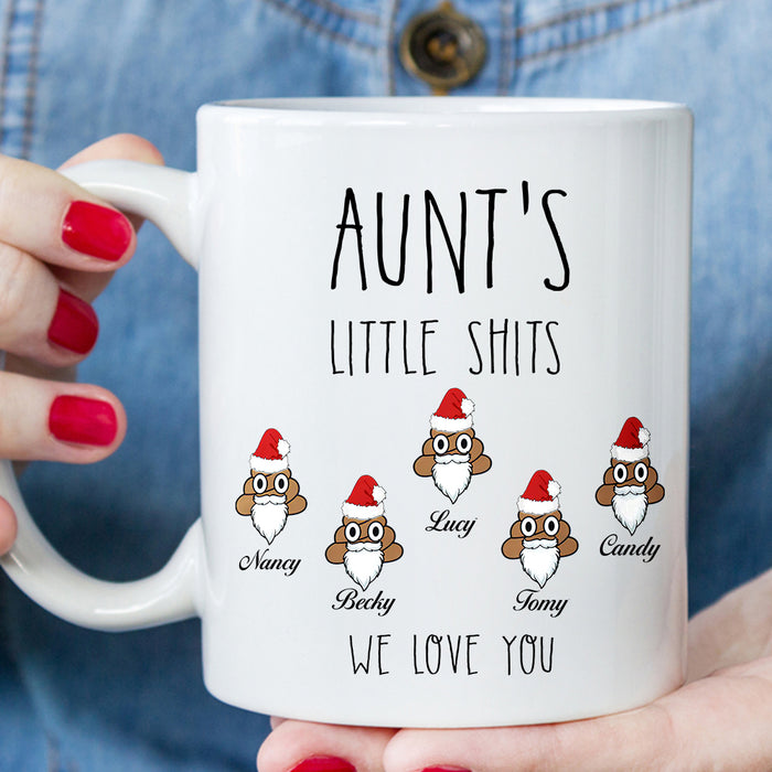 Personalized Christmas Coffee Mug Aunt's Little Shits Funny Shit With Santa Hat & Beard Custom Kids Name 11Oz 15Oz
