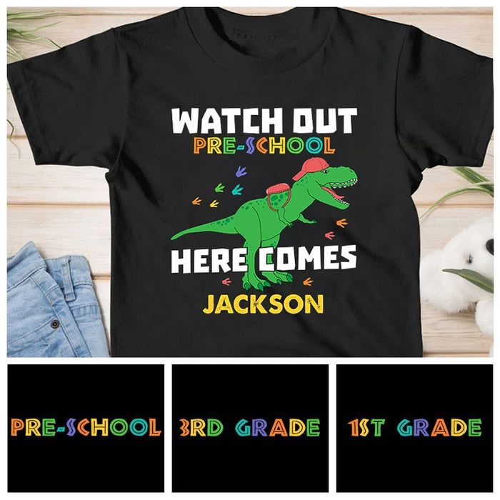 Personalized T-Shirt For Kids Watch Out Preschool Here Comes Custom Name & Grade Level Cute Dinosaur With Footprint