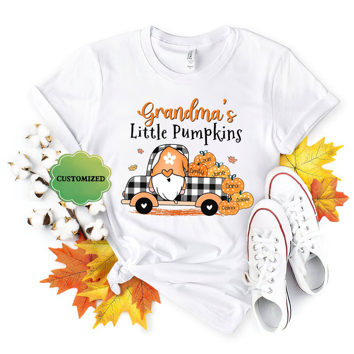 Personalized T-Shirt Grandma's Little Pumpkins Cute Gnome With Pumpkin Truck Printed Custom Grandkids Name Fall Shirt
