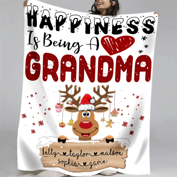 Personalized Christmas Blanket Happiness Is Being A Grandma Cute Reindeer & Snowflakes Printed Custom Grandkids Name