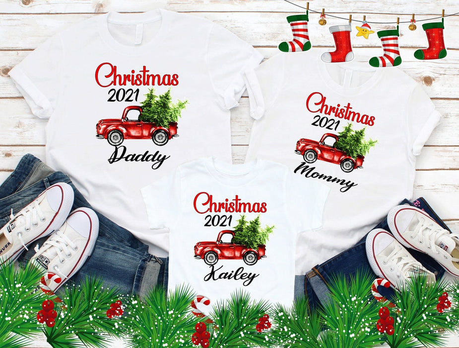 Personalized Family Christmas 2021 Shirts Custom Family Matching Tshirt Retro Red Truck With Xmas Tree Tee Classic