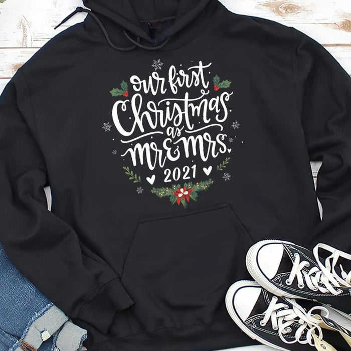 Personalized Sweatshirt & Hoodie For Couples Our First Christmas As Mr & Mrs 2021 Print Snowflakes Shirt