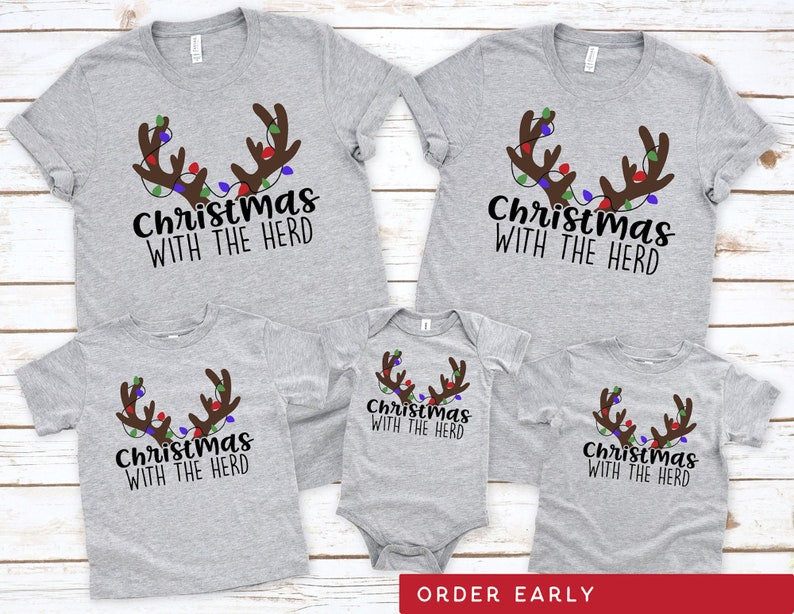 Family Christmas Matching Shirt Christmas With The Herd Funny Reindeer Horn & Xmas Lights Printed Family Pajamas