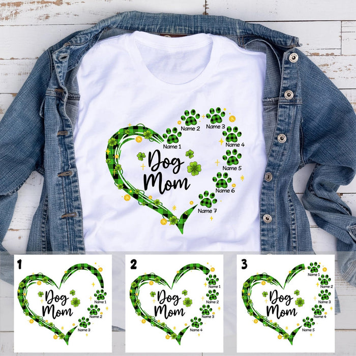 Personalized Patrick'S Day T-Shirt For Dog Lovers Dog Mom Green Plaid Heart Paw Prints Printed Custom Dog'S Name