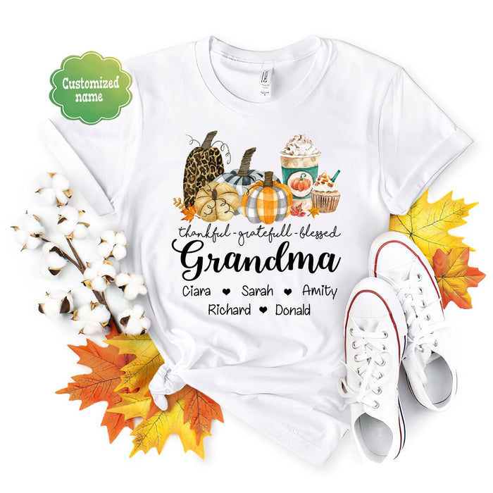 Personalized T-Shirt For Grandma Thankful Grateful Blessed Plaid Leopard Pumpkin Printed Custom Grandkid's Name