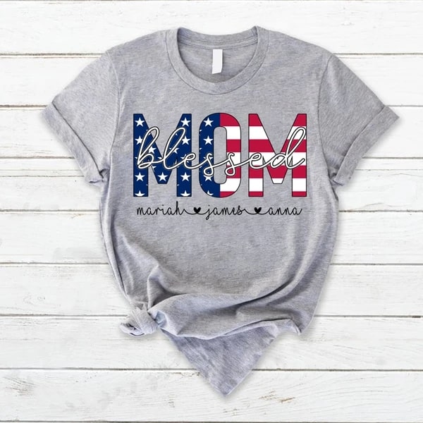 Personalized T-Shirt Mom Blessed US Flag Art Printed Red White Blue Shirt Monogram Design Custom Grandkids Name