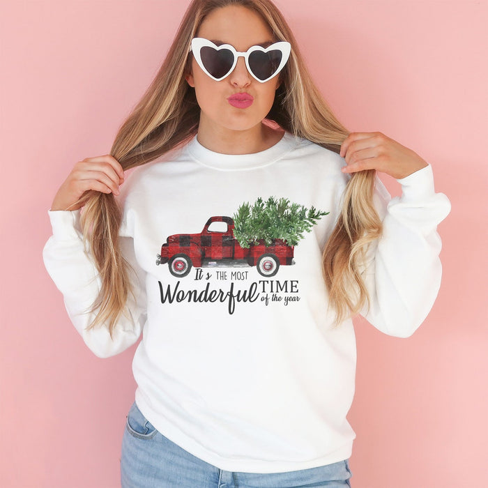 Christmas Truck Sweatshirt For Men Women Vintage Red Buffalo Plaid  Most Wonderful Time Of The Year Unisex Crewneck