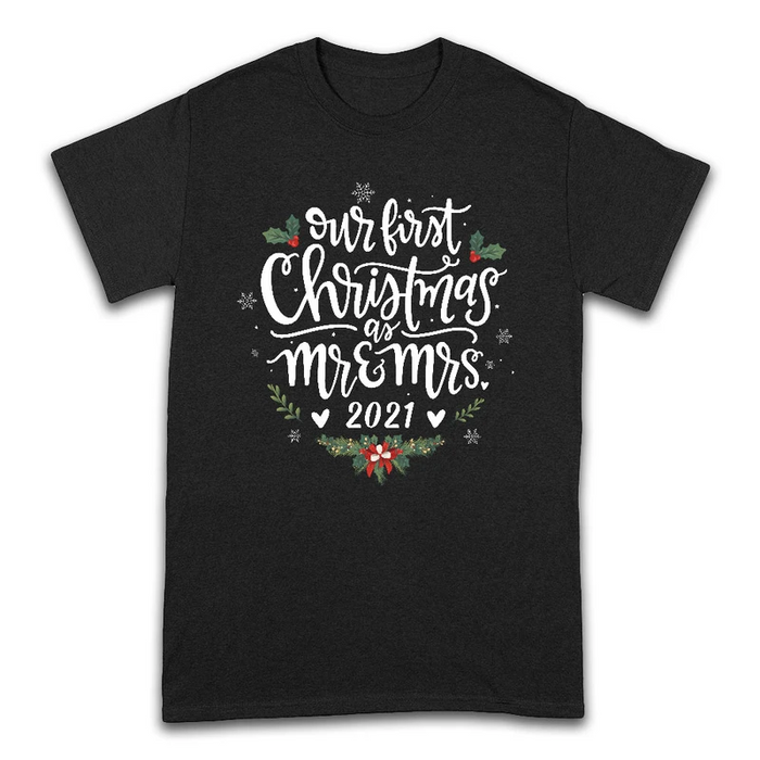 Personalized T-Shirt For Couples Our First Christmas As Mr & Mrs 2021 Shirt Print Snowflakes & Flower