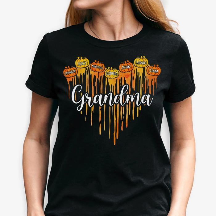 Personalized T-Shirt For Grandma Pumpkin Dripping Heart Orange Yellow Design Custom Grandkids  Fall Shirt