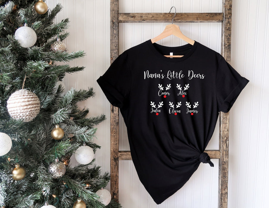 Personalized Nana Little's Deers T-shirt For Grandma Mimi Gigi Cute Reindeer Horn Grandkids Name Shirt For Christmas