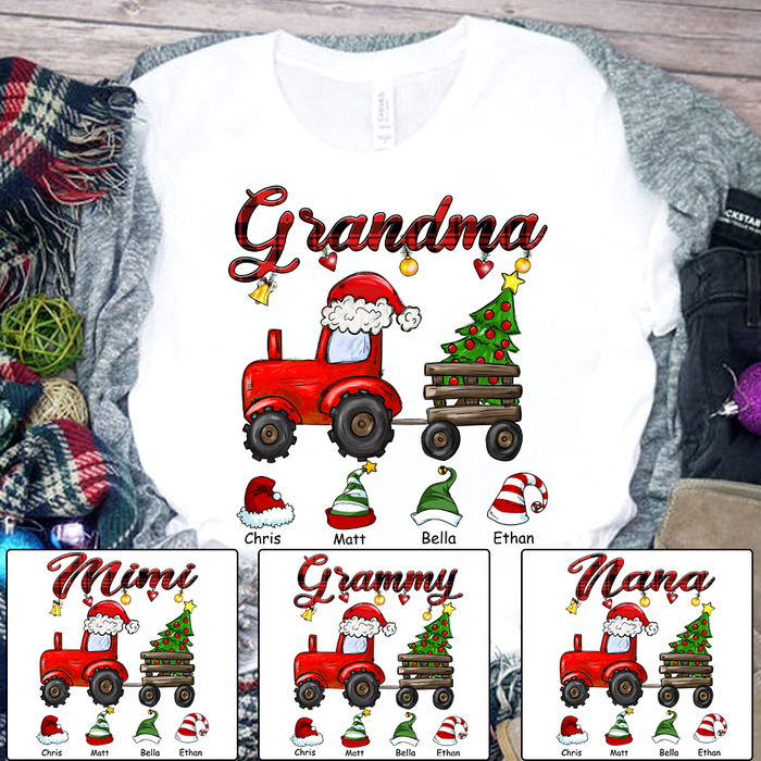 Personalized T-Shirt For Grandma Red Truck With Xmas Tree & Santa Elf Hat Printed Custom Grandkids Name