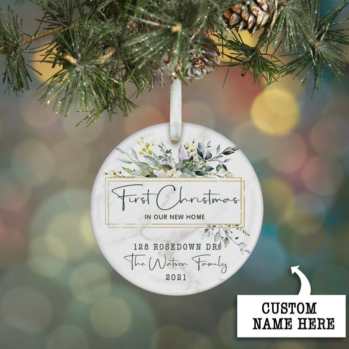 Personalized Ornament First Christmas In Our New Home Print Green Botanical Frame Custom Family Name Address & Year