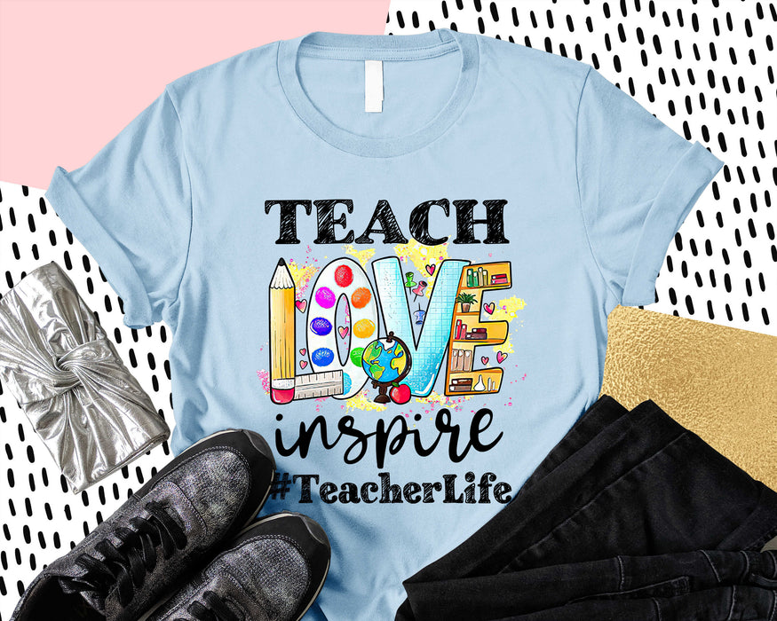 Classic T-Shirt For Teacher Teach Love Inspire Hashtag Teacherlife Pencil Apple Bookshelf Printed Back To School Outfit