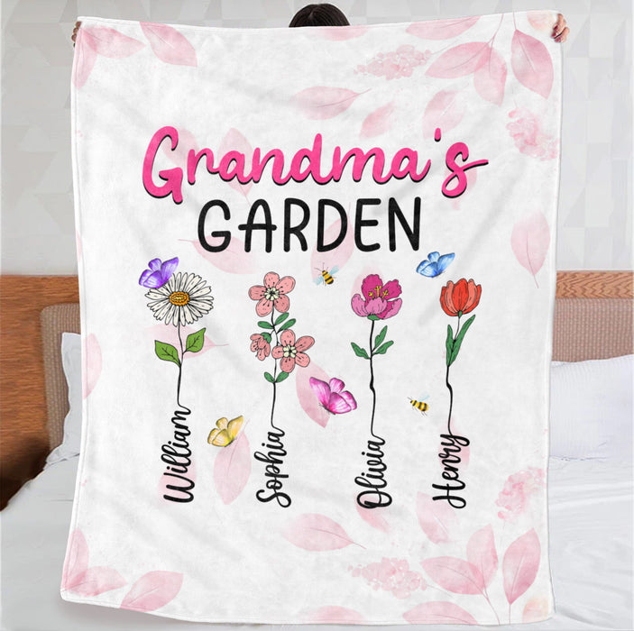 Personalized Blanket For Grandma From Grandkids Multi Background Grandma's Garden Flowers Custom Mothers Day Gifts