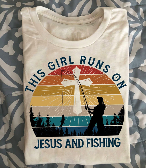 Classic T-Shirt For Fishing Lovers Women This Girl Runs On Jesus And Fishing Print Fishing Woman & Christ Cross