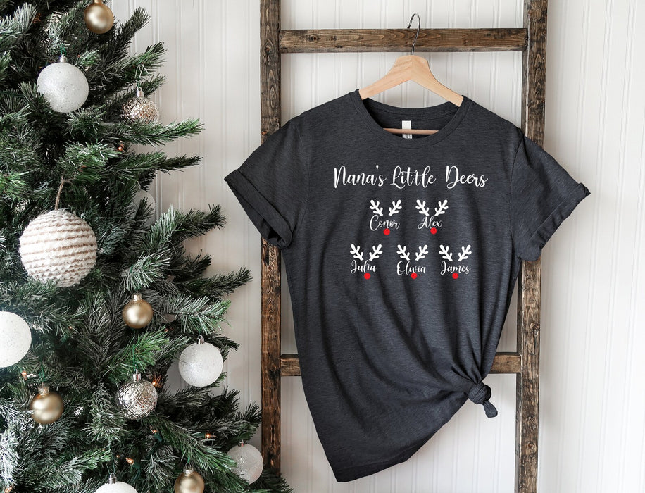 Personalized Nana Little's Deers T-shirt For Grandma Mimi Gigi Cute Reindeer Horn Grandkids Name Shirt For Christmas