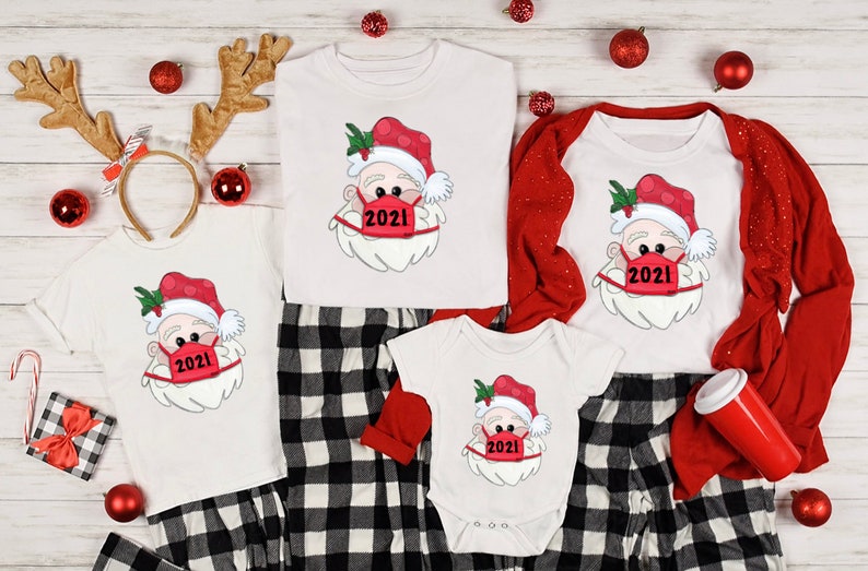 Personalized Matching Family Christmas Shirt Funny Santa Claus Wearing Face Mask 2021 Quarantine Christmas Pajamas