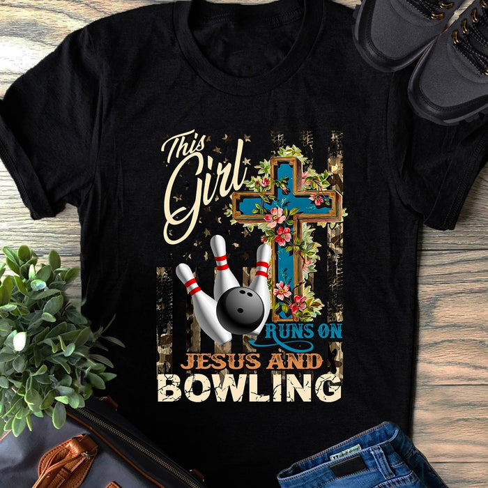 This Girl Runs On Jesus And Bowling T-shirt For Women Daughter US Flag Rustic Floral Faith Tee For Christ Religious