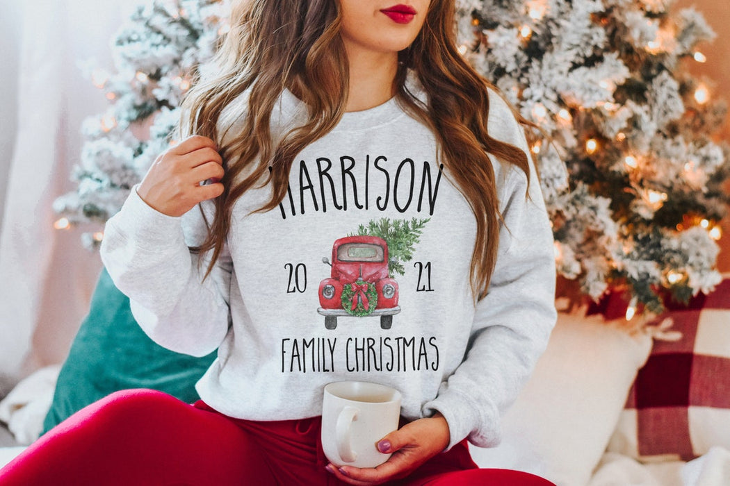 Personalized Custom Family Christmas 2021 Sweatshirts Matching Family Members Retro Red Truck With Xmas Tree