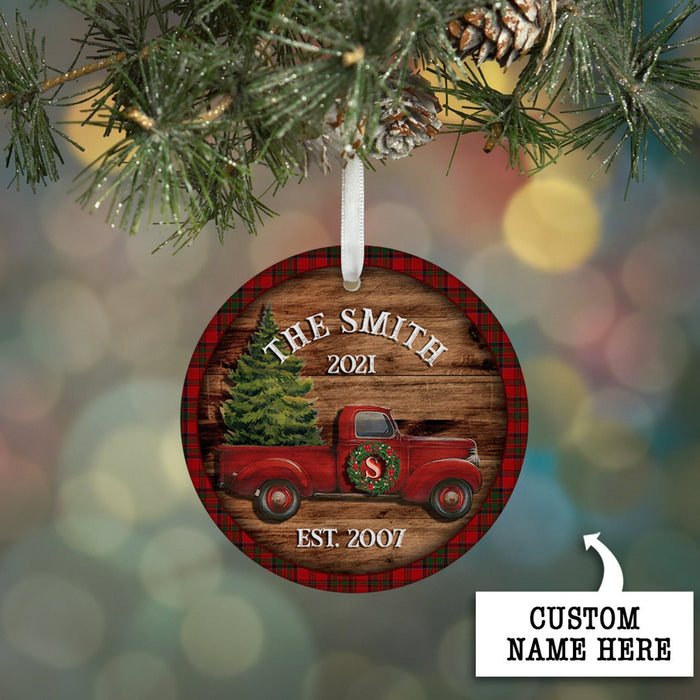 Personalized Family Christmas Ornament For Family Retro Red Truck Xmas Ornaments Custom Initial Family Name and Years