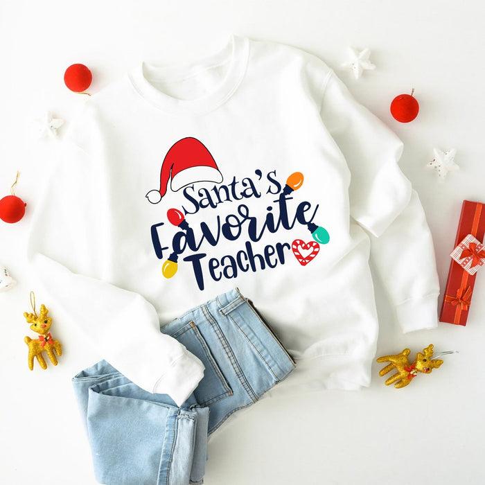 Santa's Favorite Teacher Appreciation Sweatshirt Teaching Lovers Xmas Light Candy Cane
