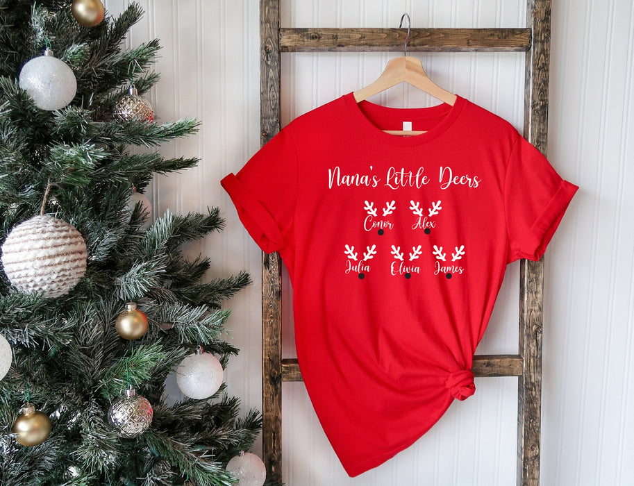 Personalized Nana Little's Deers T-shirt For Grandma Mimi Gigi Cute Reindeer Horn Grandkids Name Shirt For Christmas