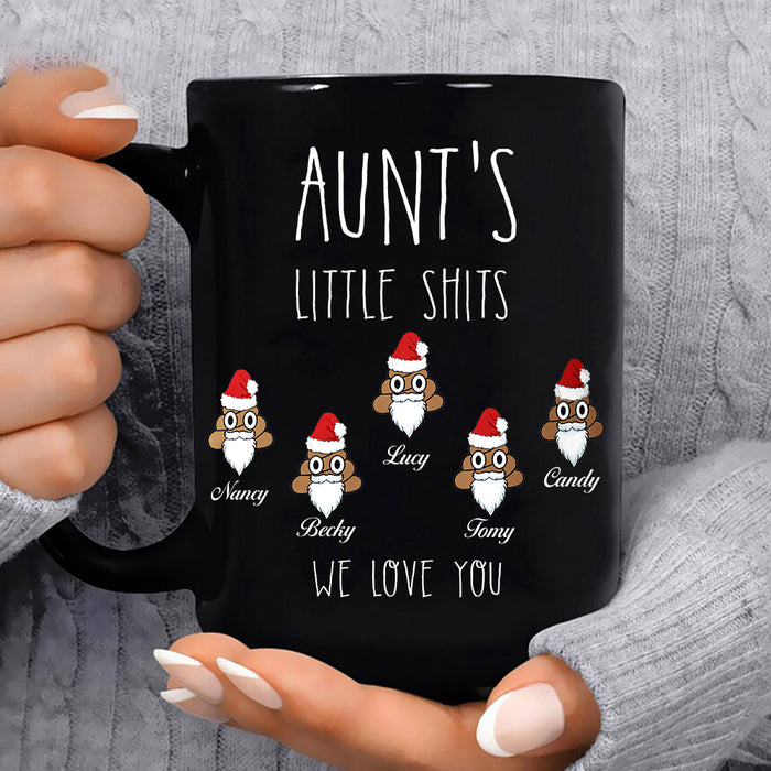 Personalized Christmas Coffee Mug Aunt's Little Shits Funny Shit With Santa Hat & Beard Custom Kids Name 11Oz 15Oz