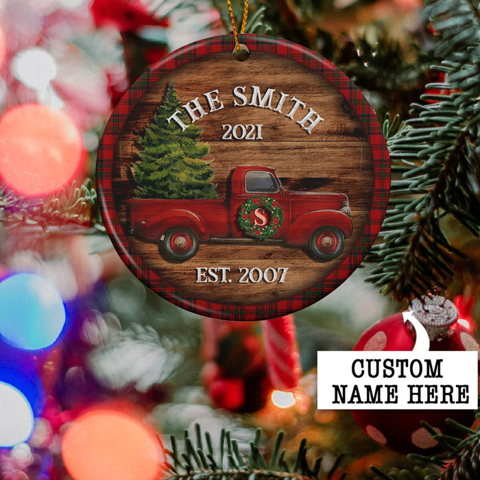 Personalized Family Christmas Ornament For Family Retro Red Truck Xmas Ornaments Custom Initial Family Name and Years
