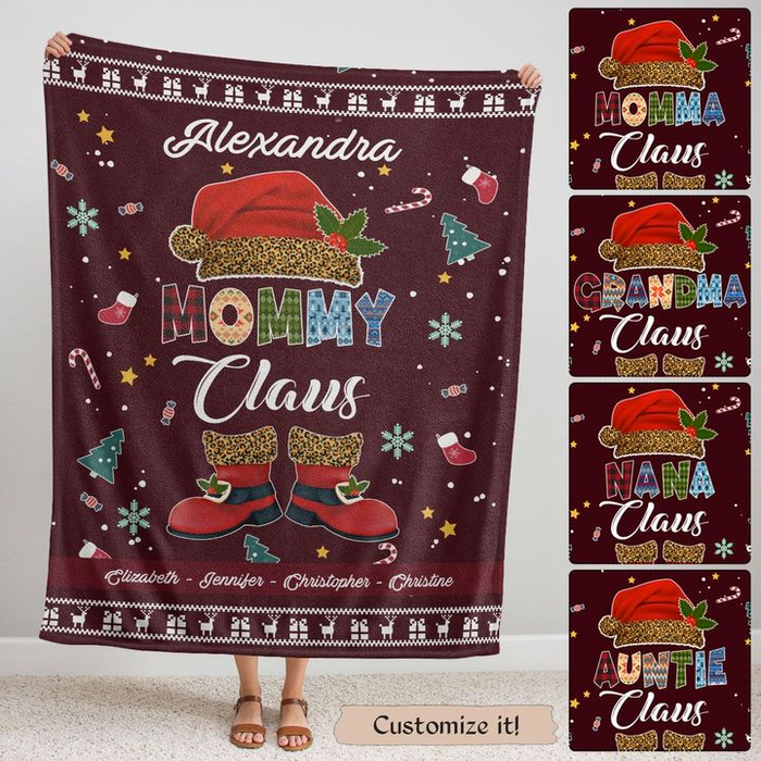 Personalized Blanket For Mom Grandma From Son Daughter Mommy Claus Funny Santa Claus Printed Custom Kids Name