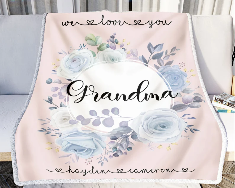 Personalized To My Grandma From Grandkids We Love You Rose Wreath Printed Blanket Custom Kids Name & Grandma Nickname