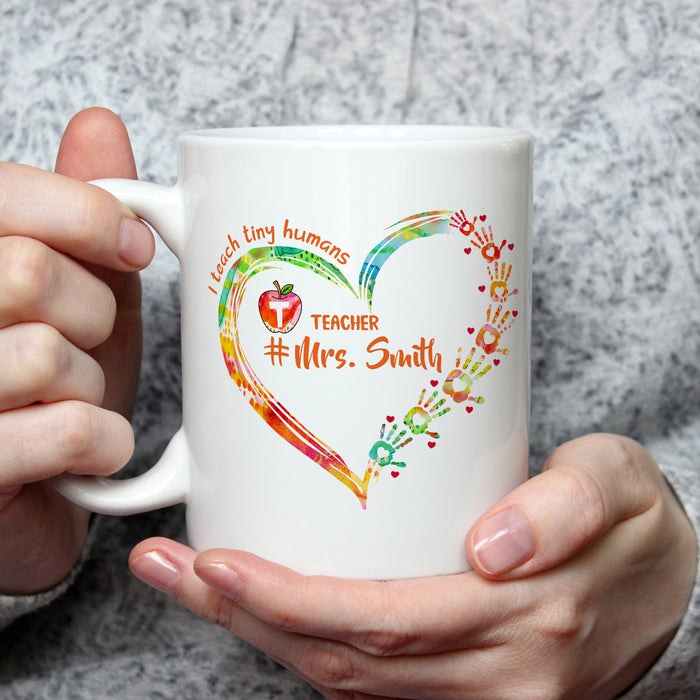 Personalized Ceramic Coffee Mug For Teachers Colorful Heart & Handprint Design Custom Name 11 15oz Back To School Cup