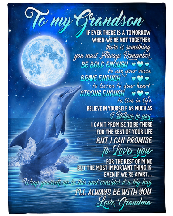 Personalized Blanket To My Grandson From Grandma My Love Old & Baby Dolphin Printed Ocean At Night Custom Name