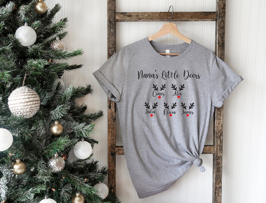 Personalized Nana Little's Deers T-shirt For Grandma Mimi Gigi Cute Reindeer Horn Grandkids Name Shirt For Christmas